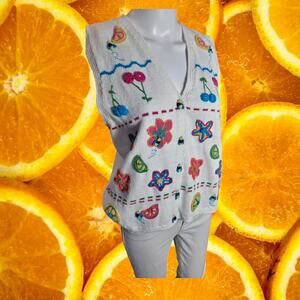 Robin Sinkler Women's White Embroidered‎ Ramie-Cotton Button-Front Vest Size L